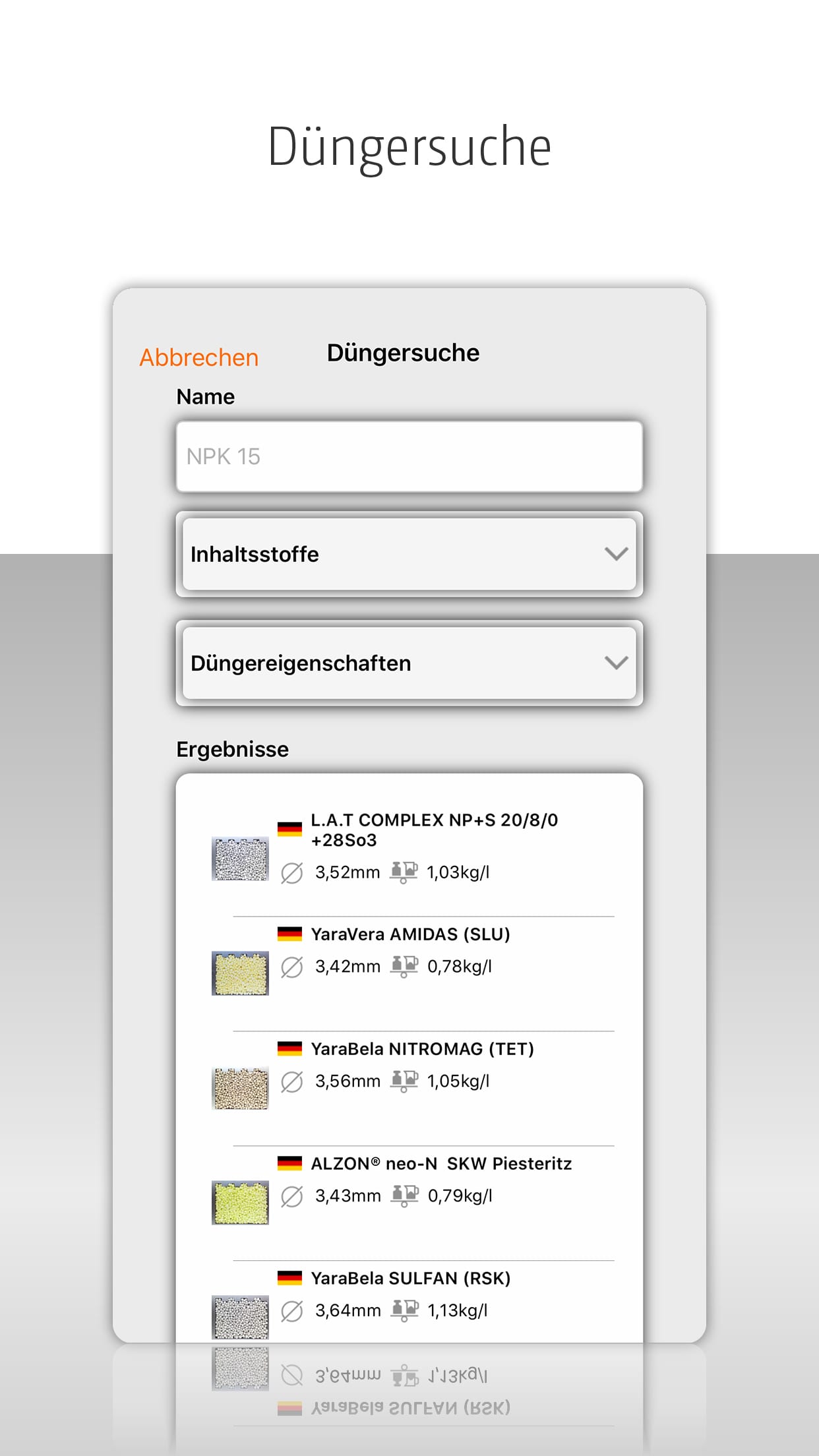 mySpreader-App_Duengersuche Leta upp gödselmedel