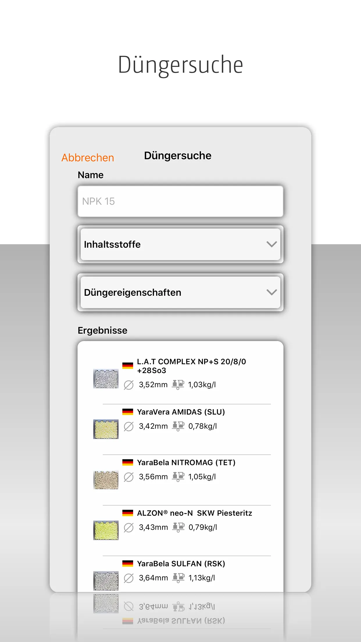 mySpreader-App_Duengersuche Leta upp gödselmedel