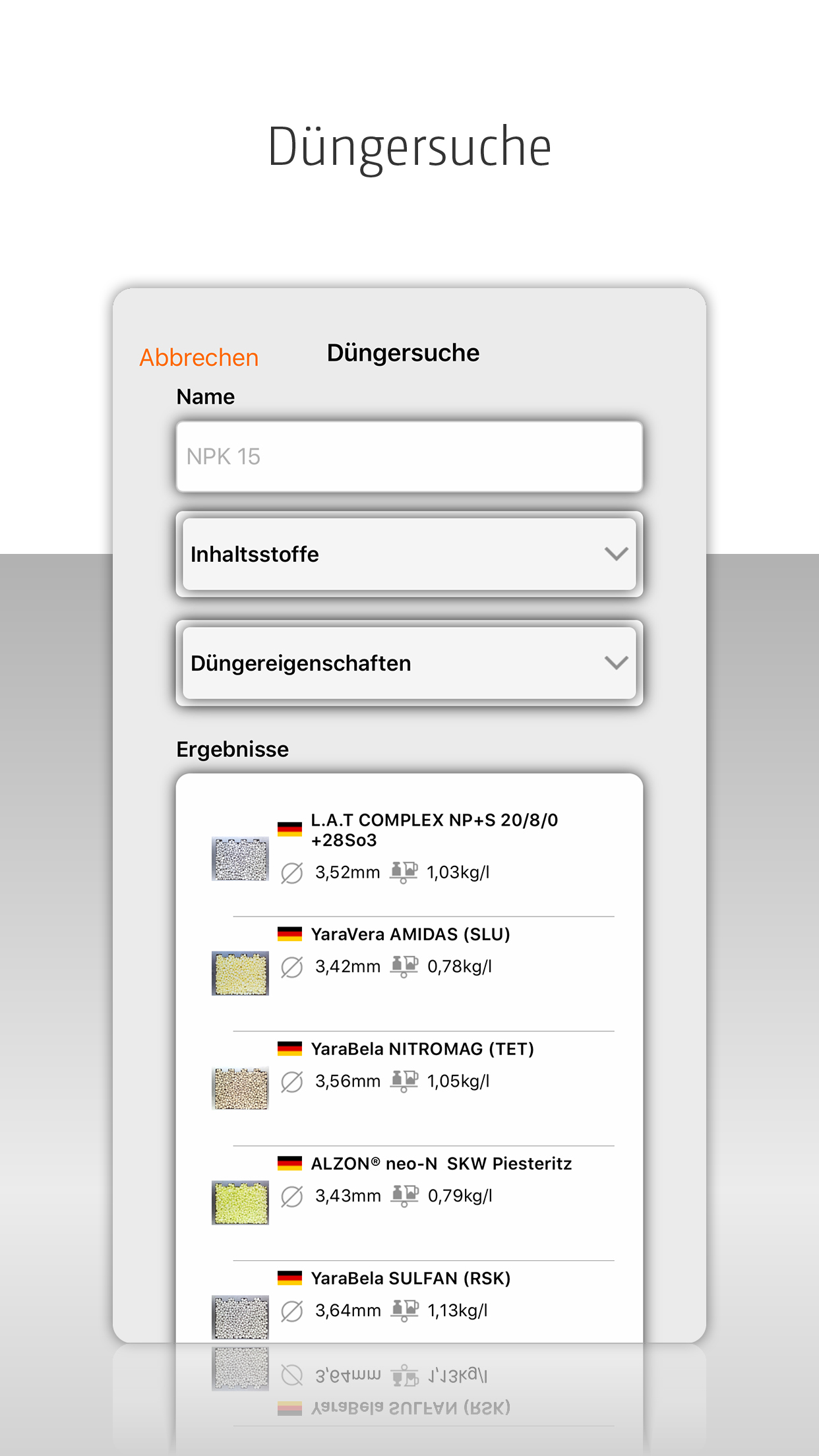mySpreader-App_Duengersuche Leta upp gödselmedel